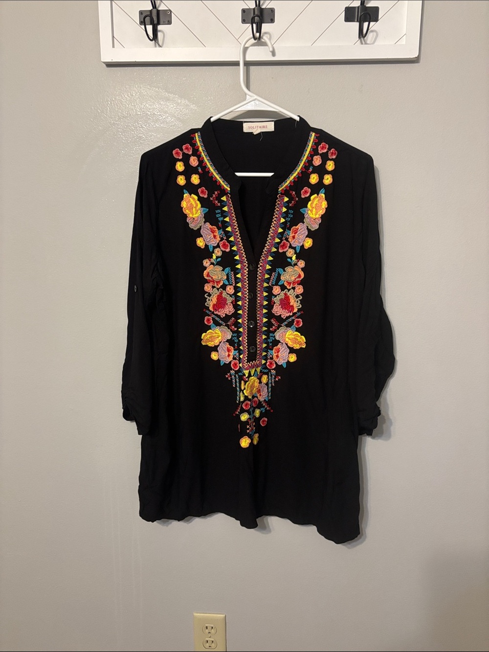 Solitaire Black Embroidered V-Neck Tunic with Multicolor Floral Accents